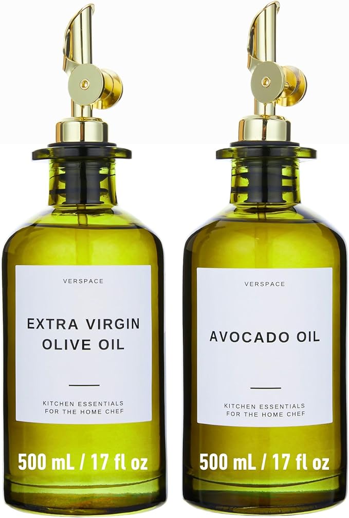 Green Glass Olive Oil Dispenser Bottle For Kitchen By Verpsace,Avocado Oil Dispenser Set, Modern Decor, Gold Kitchen Accessories for Home, Airbnb, Cafe (Gold, Set of 2)-HomvellaHome