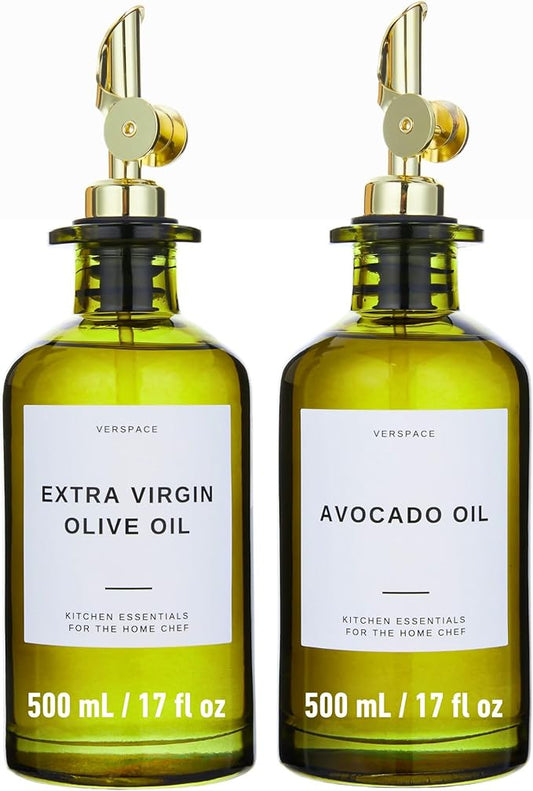 Green Glass Olive Oil Dispenser Bottle For Kitchen By Verpsace,Avocado Oil Dispenser Set, Modern Decor, Gold Kitchen Accessories for Home, Airbnb, Cafe (Gold, Set of 2)-HomvellaHome