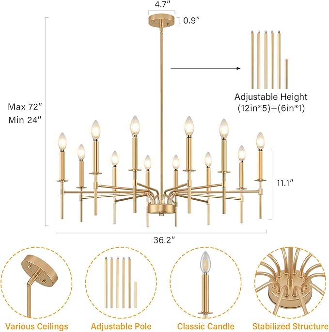 12 Light Gold Chandelier Light Fixture, Modern Farmhouse Chandeliers for Dining Room Light Fixture, Metal Candle Pendant Chandelier for Foyer Entryway Stairs Living Room Bedroom Kitchen-HomvellaHome