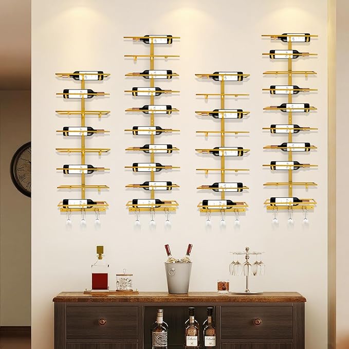 16 Bottle Wall Mount Wine Rack with Wine Glass Holder, Metal Wine Wall Rack, Wall Racks for Wine Bottles Display and Storage, Hanging Bottle Organizer for Living Dining Room Wine Cellar Bar (Gold)-HomvellaHome
