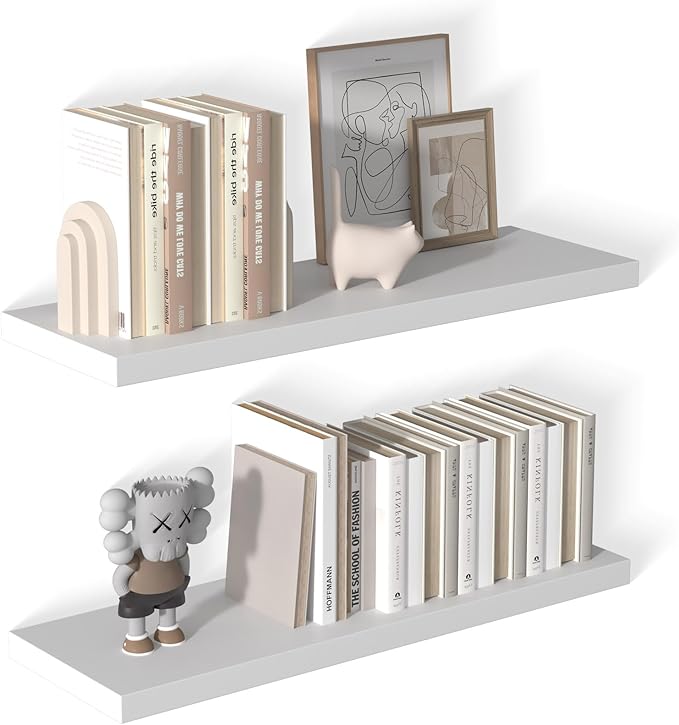 12 Inch Deep Floating Shelves for Wall 2 Pack White Floating Shelves Large Storage Space Wall Mount Shelf for Living Room Kitchen Bathroom 36" W x 12" D x 1.2" White-HomvellaHome