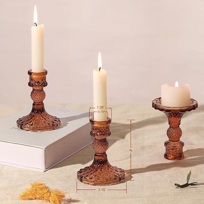 12Pcs Amber Candlestick Holders Set- 4" H Taper Candle Holders Bulk, Glass Candle Holders for Wedding, Party, Fall Dinner Table Centerpieces, Festival Gifts & Windowsill Decor-HomvellaHome