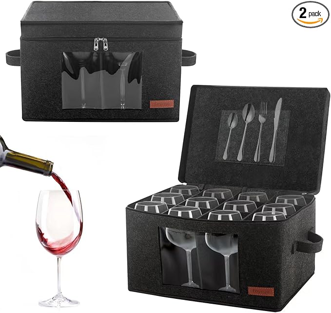 2 Pack Wine Glass Storage Box with Dividers, Stemware Storage Containers for Packing and Moving, China Storage Containers Box for 12 Crystal Glassware, Wine Glasses, Drinkware,Dark Gray-HomvellaHome