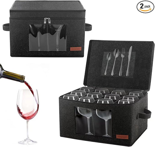 2 Pack Wine Glass Storage Box with Dividers, Stemware Storage Containers for Packing and Moving, China Storage Containers Box for 12 Crystal Glassware, Wine Glasses, Drinkware,Dark Gray-HomvellaHome