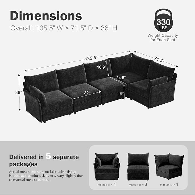 135.5" Oversized Modular Sectional Sofa, L Shaped Convertible Couch with Movable Ottoman, 5 Seat Corner Couches for Living Room Deep Seat Black Chenille-HomvellaHome