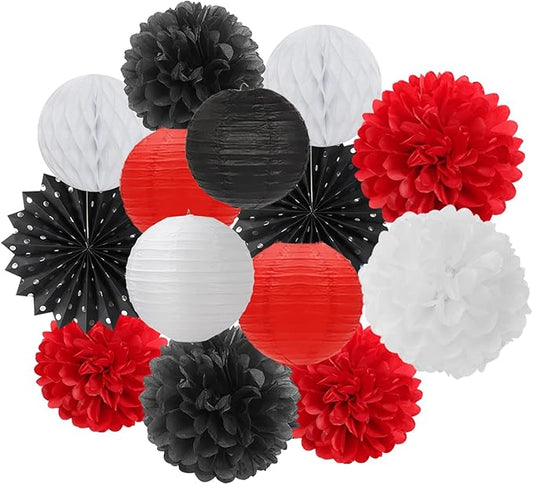 Black White-Red Party-Decorations Streamers Lanterns - 14pcs Birthday Graduation 2025 Paper Honeycomb Fan,Tissue Pom Poms,Men Women Wedding Baby Shower Backdrop Supplies Decor Ouruola
