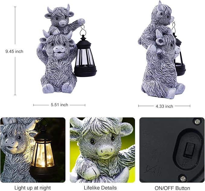 Goodeco 9.5 Inch Highland Cow with Solar Lantern – Resin Garden Decor, Outdoor Statue & Unique Highland Cow Gifts (Gray)-HomvellaHome