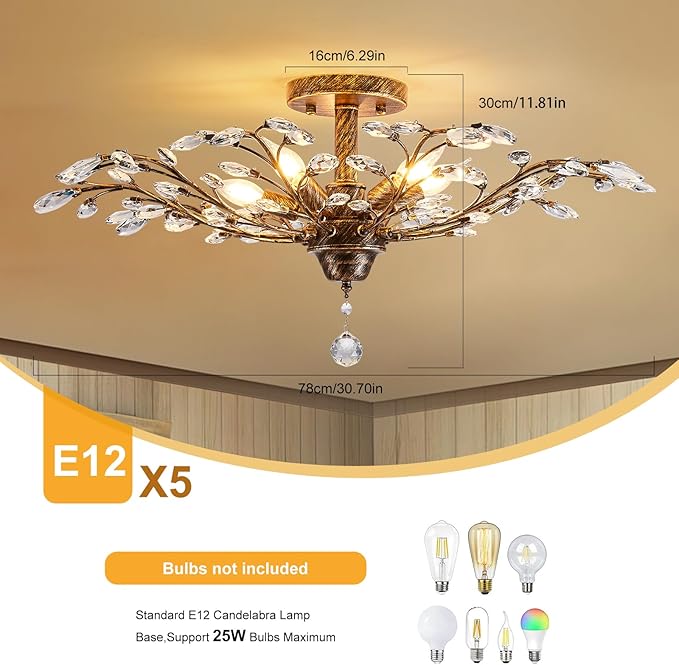 Ganeed Vintage Crystal Chandelier, Modern Bronze Branches Ceiling Light Fixture with 5-Light Heads for Farmhouse Living Room Dinning Room Kitchen Over Table Hallway-HomvellaHome