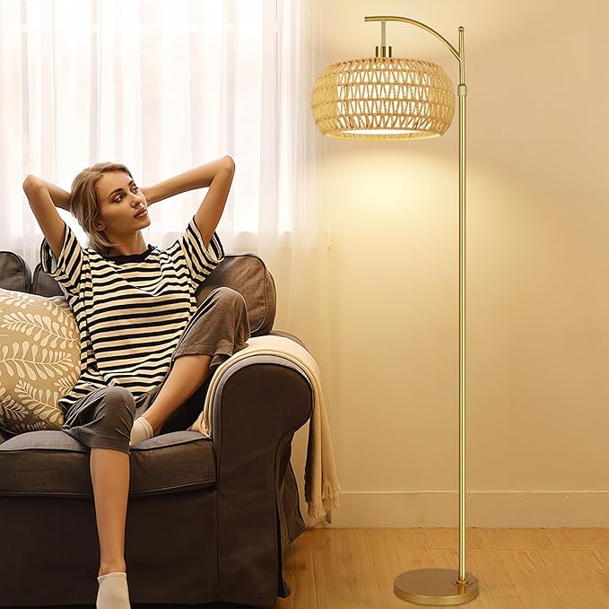 Gold Floor Lamps for Living Room Rattan Boho Floor Lamp with Remote Control,Dimmable Arc Floor Lamp Wicker LampShades Brass Standing Lamp with 3 Color Temperature Tall Floor Lamps For Bedroom Corner-HomvellaHome