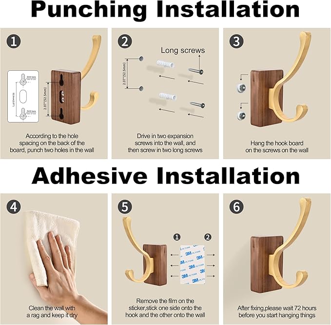 2 Pack Wooden Wall Hooks for Hanging, Adhesive Mounted Wall Mounted Boho Decorative Nature Wood Coat Hook for Towel Clothes Blanket Hat Backpack Robe Nursery Door Board Entryway Key Holder Gold-HomvellaHome