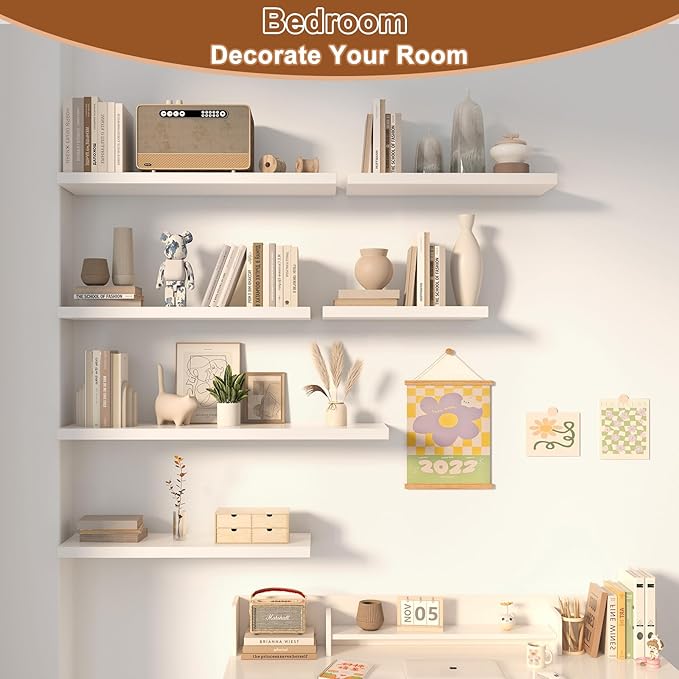 12 Inch Deep Floating Shelves for Wall 3 Pack White Floating Shelves Large Storage Space Wall Mount Shelf for Living Room Kitchen Bathroom 24" W x 12" D x 1.2" H White-HomvellaHome