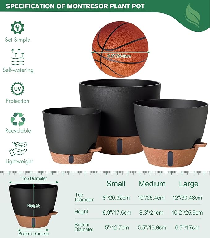 12/10/8 Inch Self Watering Pots for Indoor Plants Plastic Large Plant Pot for Outdoor Plants, Water Level Window & Spacious Reservoir Flower Pots Decorative Planter with Drainage and Tray (Black)-HomvellaHome