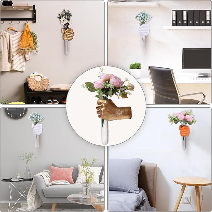 Gold Wall Sculptures, Hand Vases Home Decor, Wall Mount Art Sculpture, Unique Wall Art Statue, Funky Flower Vase Decorations, Modern Eclectic Hanging Decor,Glass Test Tube Vase-HomvellaHome