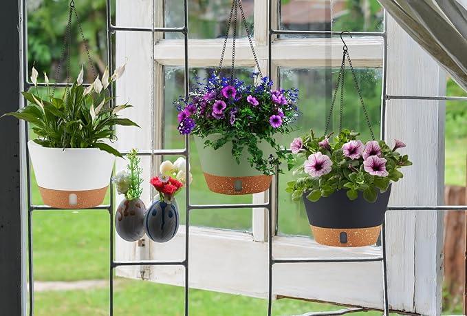 2 Pack Hanging Planters, 10 inch Indoor Outdoor Hanging Plant Pot Basket, Hanging Plastic Flower Pot with Drainage Hole with Removable Tray&Hooks for Hanging Plants,Green-HomvellaHome