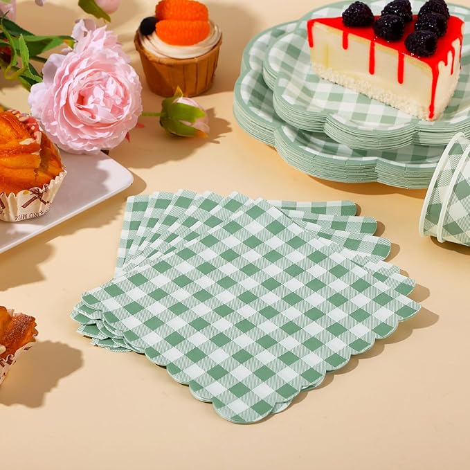 175 Pcs Sage Green Gingham Paper Plates and Napkins Party Supplies - Sage Green and White Checkered Plates Scalloped Plaid Plate for Birthday Dinner Picnic BBQ Party Decorations, Serve 25 Guests-HomvellaHome