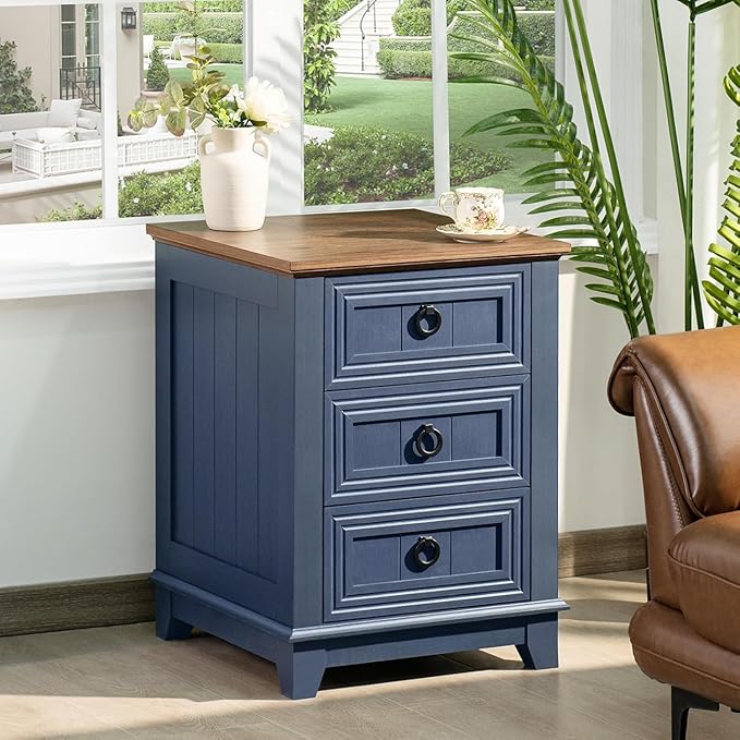18" Farmhouse Night Stands Set of 2 with Charging Station, 2 & 3 Drawers End Table Dresser for Bedroom, Blue Wooden Nightstand, Bed Side Table with Open Shelf, Bedside Cabinet for Living Room-HomvellaHome