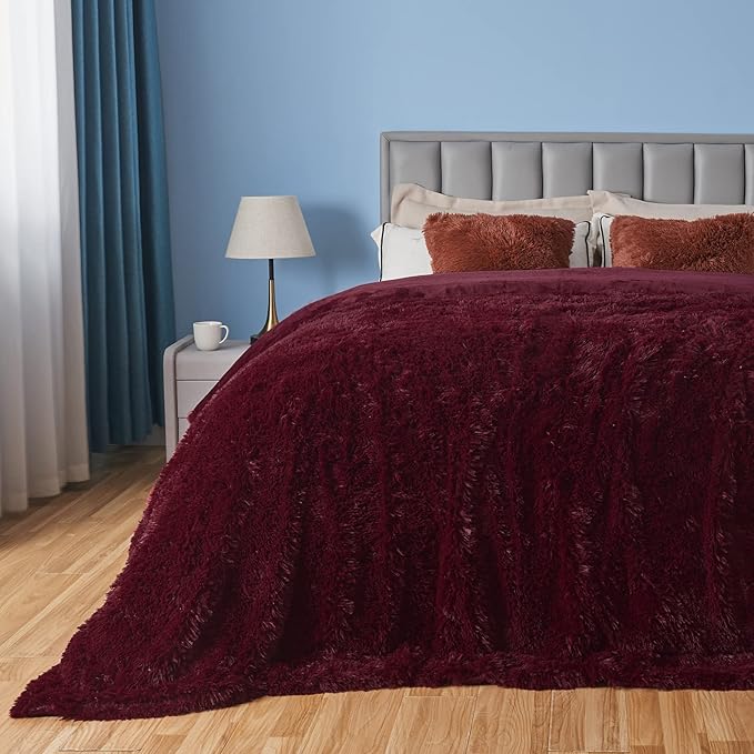 GONAAP Fuzzy Faux Fur Throw Blanket Queen Size Wine Red Super Soft Cozy Plush Fuzzy Shaggy Blanket for Couch Sofa Bed (Wine Red, Queen(90"x90"))-HomvellaHome