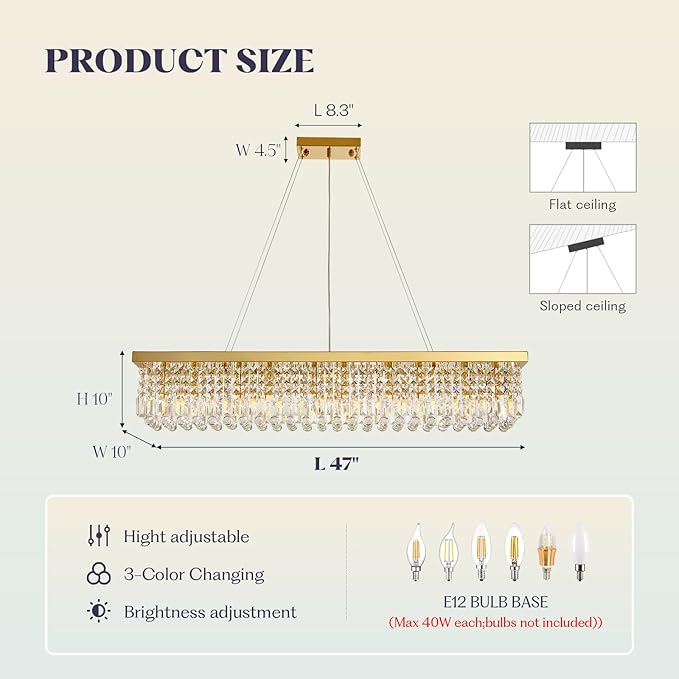 10 Lights Modern Crystal Chandelier, Gold K9 Rectangle Rectangular Chandeliers,Luxury Flush Mount Pendant Ceiling Light for Dining Room Kitchen Island L47''xW10''xH10''-HomvellaHome
