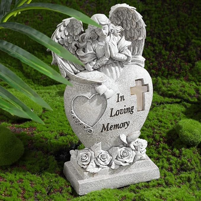 Garden Angel Statue with Cross Solar LED Light, Memorial Gifts for Loved Ones, Cemetery Grave Decorations-HomvellaHome