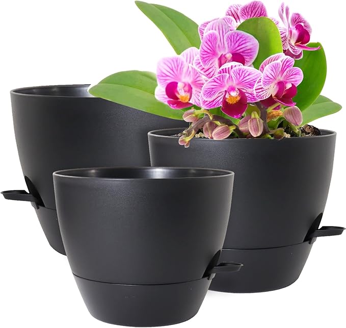 10/9/8 inch Medium Self Watering Pots, Plant Pots with Mesh Drainage Holes for Indoor Outdoor Garden Plants, Flower Pots with Removable Deep Reservoir, Set of 3 Plastic Planters, Black-HomvellaHome