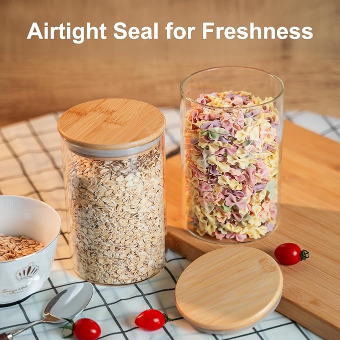 Glass Food Storage Jars Set of 8,26oz-Glass Storage Containers Clear Glass Food Canister with Bamboo Lid Airtight For Serving Tea, Coffee, Flour,Candy, Cookie, Spice(Round-8CMx15CM)-HomvellaHome
