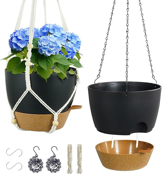10 inch Self Watering Hanging Planters, 2 Pack Hanging Flower Pots for Indoor Outdoor Plants, Hanging Baskets with Drainage Holes & 2 Kinds of Plant Hangers for Garden Home Decor, Black Brown-HomvellaHome