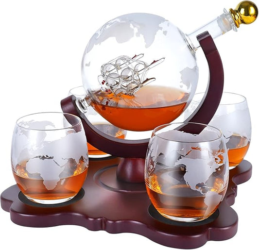 Gifts for Men Dad Husband Christmas, Whiskey Globr Decanter Set with 4 Etched Globe Glasses, Unique Anniversary Birthday Gifts for Brother Boyfriend, Cool Stocking Stuffers Bourbon Whikey Gifts-HomvellaHome