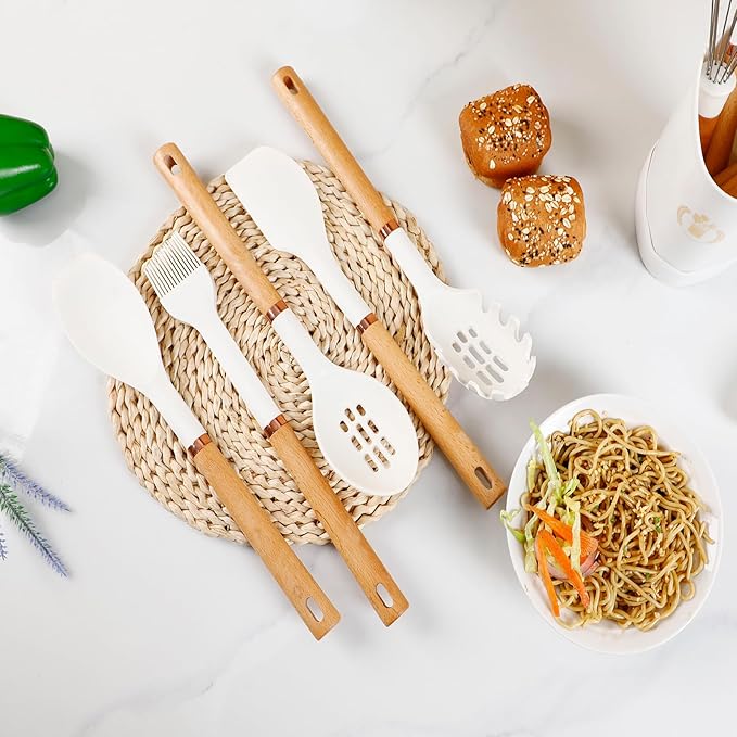 13-Piece silicone utensil set wood handle nonstick cookware safe dishwasher safe kitchen tools BPA free heat resistant (450°F/230°C) ceramic pan safe cooking gifts housewarming (White)-HomvellaHome