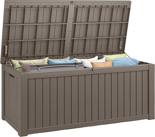 150 Gallon Resin Deck Box, Large Indoor and Outdoor Storage Box, Weatherproof and UV Resistant Outdoor Storage Box with Built-in Steel Beams for Patio, Cushions, Pool Supplies-HomvellaHome