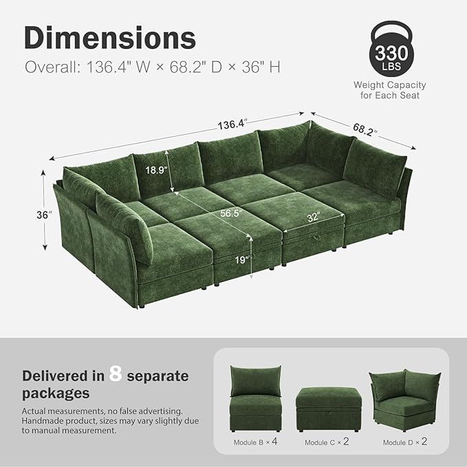 136.4" Oversized Modular Sectional Sleeper Sofa Bed, U Shaped Convertible Couch with Movable Ottoman, Large 8 Seat Corner Couches for Living Room Deep Seat Green Chenille-HomvellaHome