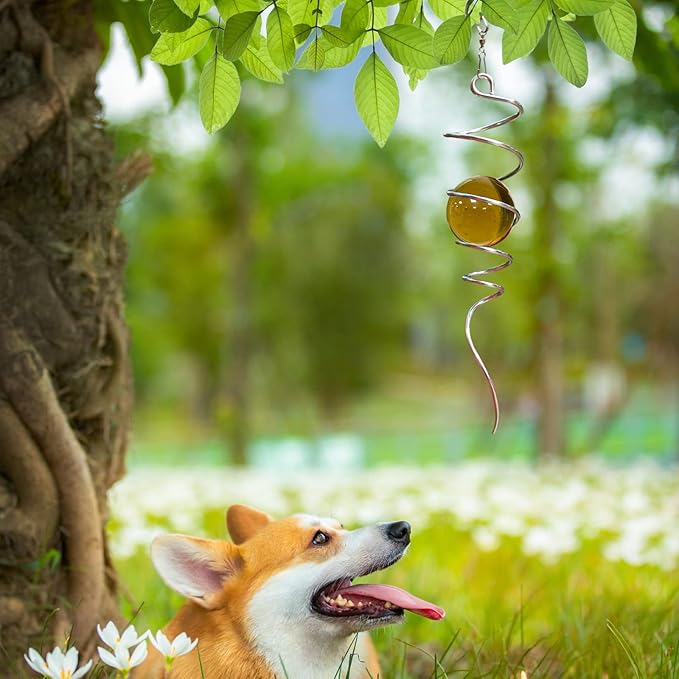 Gazing Ball Spiral Decorative Tail Wind Spinner Sun Catcher 11inch Tail and 2 inch Glass Orb. Wind Spinner Stabilizer Indoor Outdoor Garden Decoration -13 inch Height(Gold)-HomvellaHome