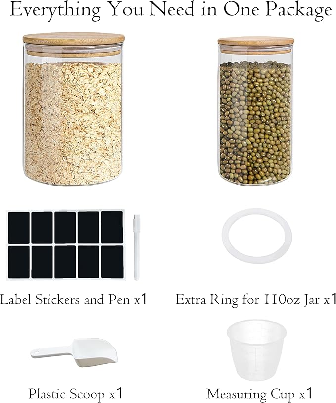 Glass Storage Jars Set Elegant Containers with Airtight Bamboo Lids, Perfect for Kitchen Organization - Flour, Rice, Pasta, Sugar, Coffee Beans, Accessories Included (2 packs(37oz / 110oz))-HomvellaHome