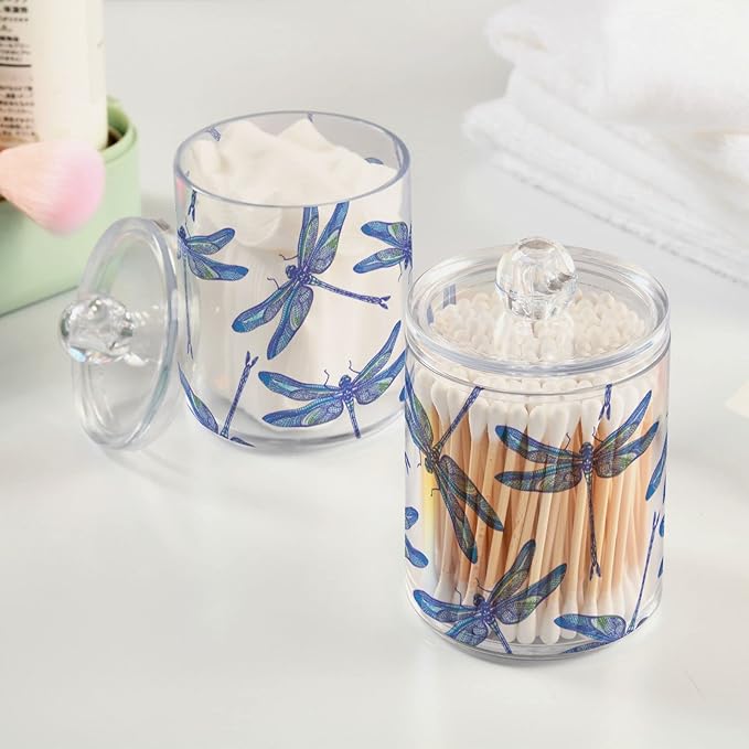 2 Pack Qtip Holder Organizer Dispenser Dragonflies Bathroom Storage Canister Cotton Ball Holder Container for Cotton Swabs/Pads/Floss-HomvellaHome