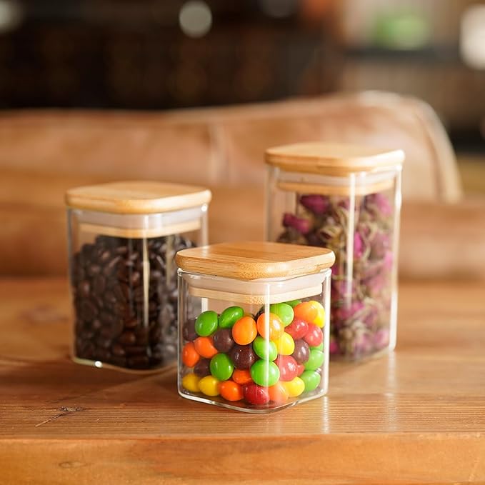 Glass Food Storage Jars Square 6oz, 16 Pack Glass Jars With Bamboo Lids, Kitchen Storage Containers For Spice, Candy, Cookie, Storage For Pantry Organizers-HomvellaHome