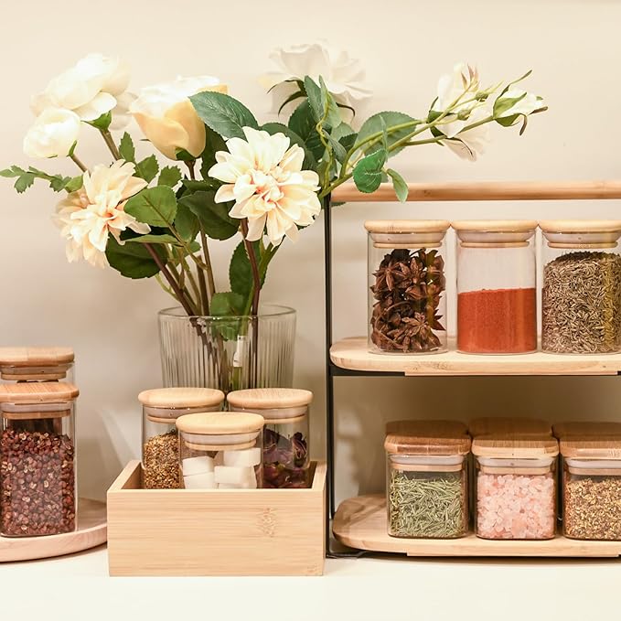 Glass Food Storage Jars Square 6oz, 16 Pack Glass Jars With Bamboo Lids, Kitchen Storage Containers For Spice, Candy, Cookie, Storage For Pantry Organizers-HomvellaHome