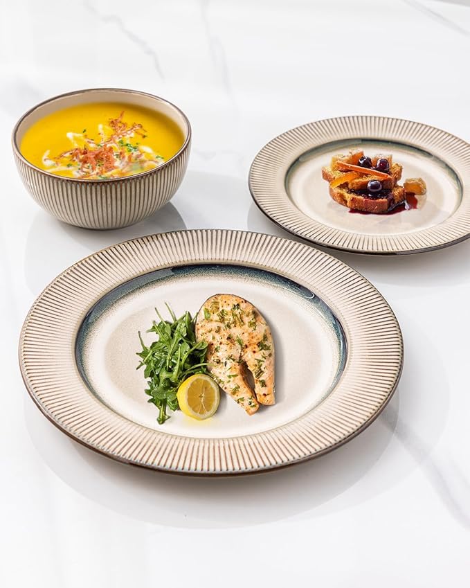 GBHOME Ceramic Dinnerware Sets, 18 Piece Embossed Elegant Stoneware Plates and Bowls Sets, Housewarming Wedding Gift | Dishwasher & Microwave Safe | Dishes Set Service for 8-HomvellaHome