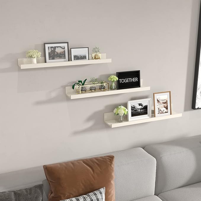Giftgarden 24 Inch Floating Shelves for Wall, Creamy White Beige Wood-Grain Wooden Shelf Ledge for Bathroom Kitchen Living Room Nursery Bedroom Picture, Set of 3 Different Sizes-HomvellaHome