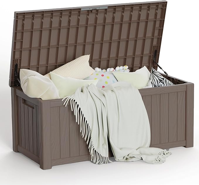 120 Gallon Patio Storage Box, Large Deck Box for Patio Furniture Covers, Cushion Pillows, Waterproof Outdoor Storage Bench for Towels, Garden Tools and Pool Accessories, Grey-HomvellaHome