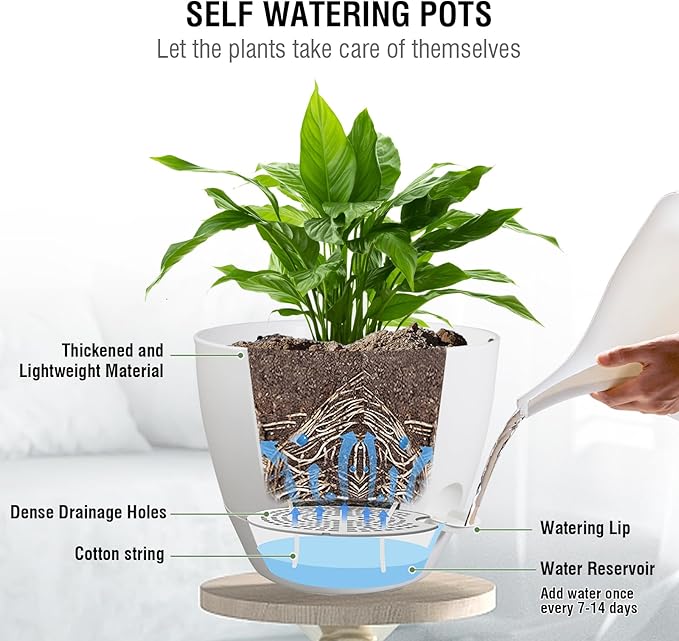 10 inch Self Watering Hanging Planters, 2 Pack Hanging Flower Pots for Indoor Outdoor Plants, Hanging Baskets with Drainage Holes & 2 Kinds of Plant Hangers for Garden Home Decor, White-HomvellaHome