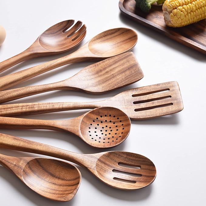 Gudamaye 13 inch Long Wooden Utensils for Cooking, Long Handle Wooden Spoons for Cooking, 7 PCES Crafting Wooden Spoon Set, Wooden Kitchen Utensil set, Natural Teak Wooden utensil Set-HomvellaHome