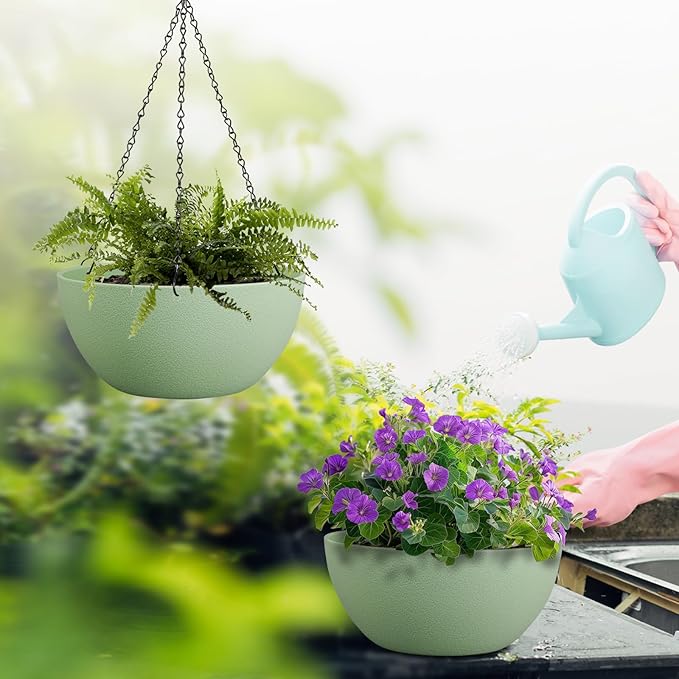 10 inch Hanging Planters for Outdoor Indoor Plants with Drainage Holes and Chain, 2 Pack Round Hanging Flower Pots for Garden Home Porch Decor,Green-HomvellaHome