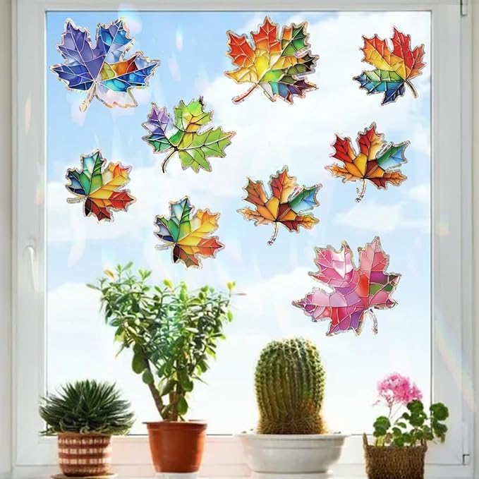 14pcs Window Decals for Bird Strikes, Anti Collision Window Clings, Rainbow Reflection Window Sticker, Maple Leaf Style Sun Catcher Stickers for Glass Windows-HomvellaHome