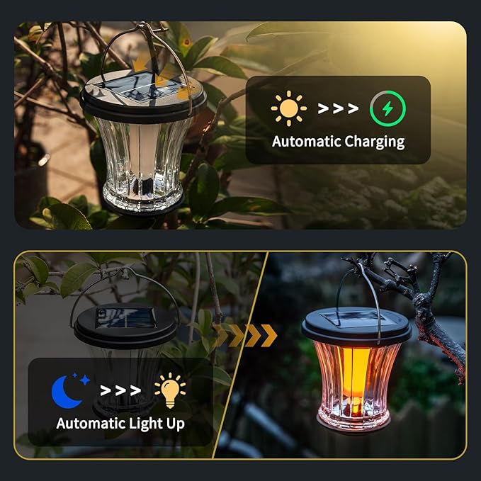 Glass Solar Lantern Outdoor Lights Waterproof, Flickering Flame Solar Lights with Modular Design, Auto On/Off Decorative Hanging Lanterns for Patio Garden Pathway Camping Deck Yard (2 Pack)-HomvellaHome