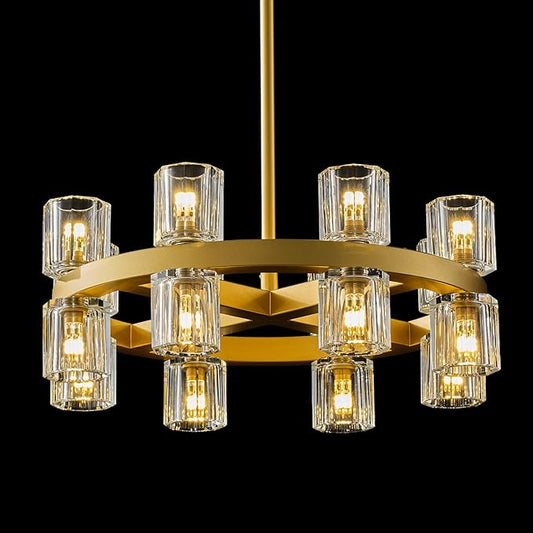 Gold Chandelier Light Fixture Kitchen and Dining, 16-Lights Modern Chandeliers for Dining Room, 18" Farmhouse Kitchen Pendant Lights Over Table, Crystal Wagon Wheel Chandelier(Bulbs Included)-HomvellaHome
