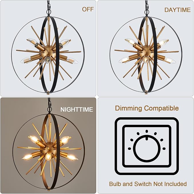 17.72'' Black Gold 8-Light Globe Sputnik Chandelier Modern Industrial Adjustable Hanging Ceiling Firework Pendant Light Fixture for Entryway Stairway Kitchen Dining Living Room Hallway-HomvellaHome