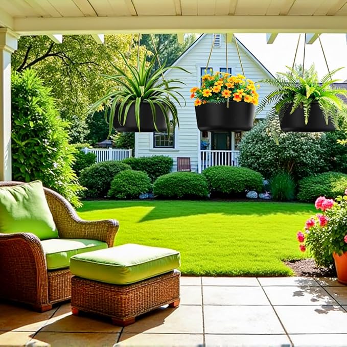 10.7 Inch Hanging Planter for Outdoor Indoor Plants，2 Pack Hanging Flower Pots with Drain Holes for Garden Home Decor Use (Black)-HomvellaHome