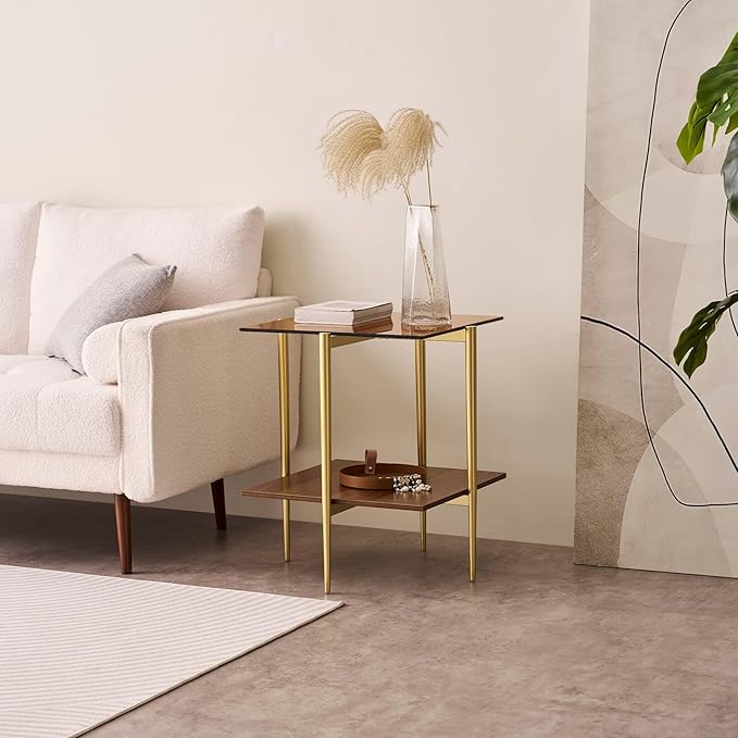 Glass End Table, Mid-Century Modern Design Sofa Table, L41 x W21 x H17, for Living Room, 2-Tier Structure, Clear Glass Top and Walnut MDF Shelf, Sleek Conical Metal Legs with Gold Finish Frame-HomvellaHome