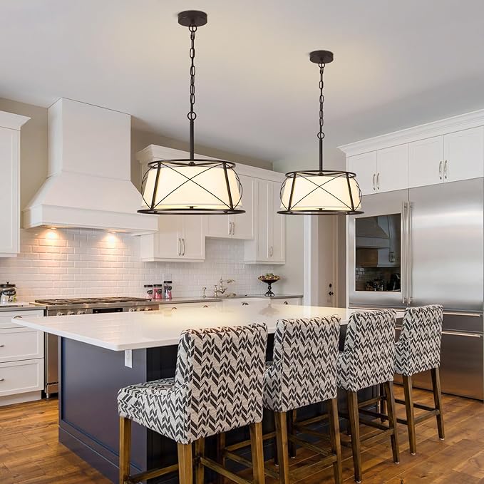 15.7" Black Drum Chandelier,3-Light Modern Farmhouse Chandelier,White Fabric Drum Shade Pendant Light Fixture for Dining Room Kitchen Island Bedroom Entryway-HomvellaHome