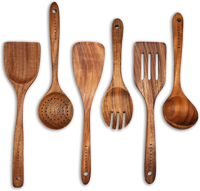 GreyWooden Kitchen Utensil Set, 6Pcs Wooden Cooking Utensils for Non-Stick Pan, 100% Natural Teak Wooden Spatula-HomvellaHome