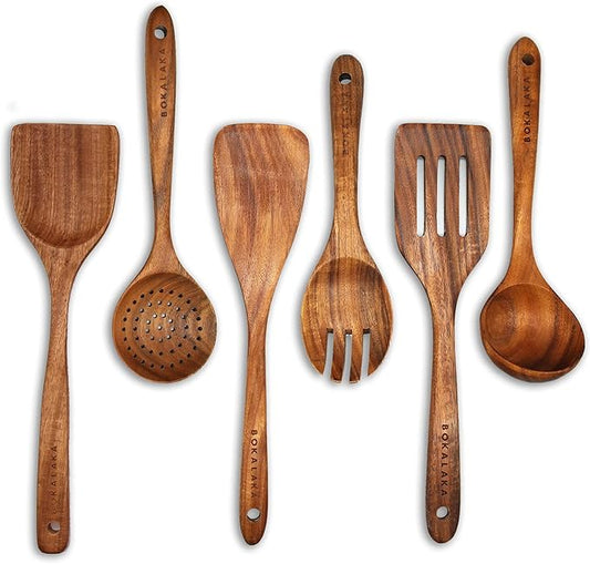 GreyWooden Kitchen Utensil Set, 6Pcs Wooden Cooking Utensils for Non-Stick Pan, 100% Natural Teak Wooden Spatula-HomvellaHome